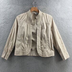 Chicos Jacket Womens 2 Beige Cotton Blend Open Front Collarless Long Sleeve